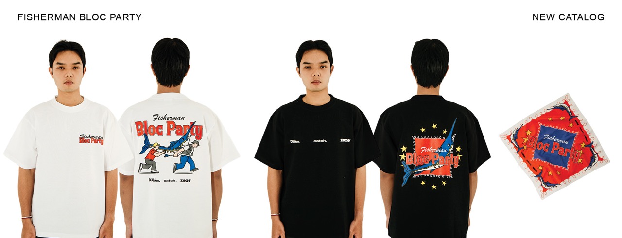Fisherman Bloc Party new catalog featuring white and black T-shirts.