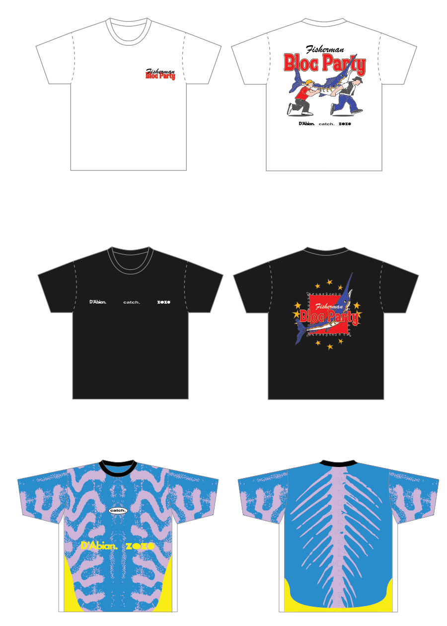 Koleksi Fisherman Bloc Party: kaus putih, kaus hitam, dan jersey biru, tampak depan dan belakang.